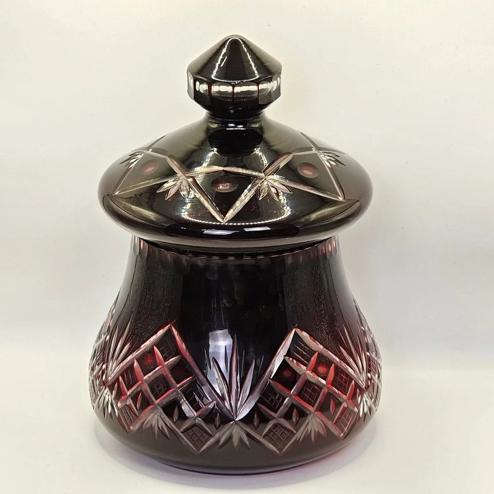 Vintage Bohemian Czech Ruby Red Cut to Clear Glass Canister Jar Crystal Lid 9.5